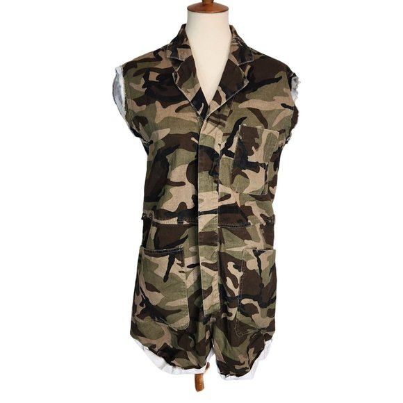 Miou Muse Green Camo Button Up Sleeveless Romper - Picture 1 of 14